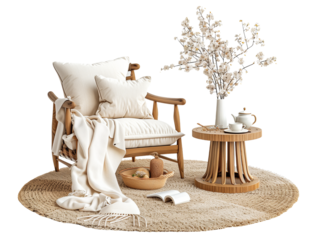 Cozy Reading Nook with Wooden Armchair and Round Table