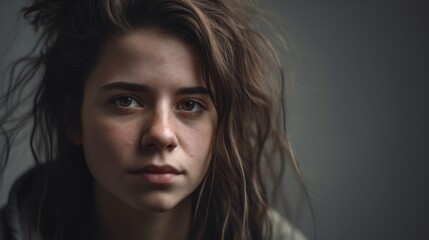 Fototapeta premium Poignant Depiction of Anxiety: Close-Up of Young Woman with Messy Hair and Worried Expression Against Light Gray Background