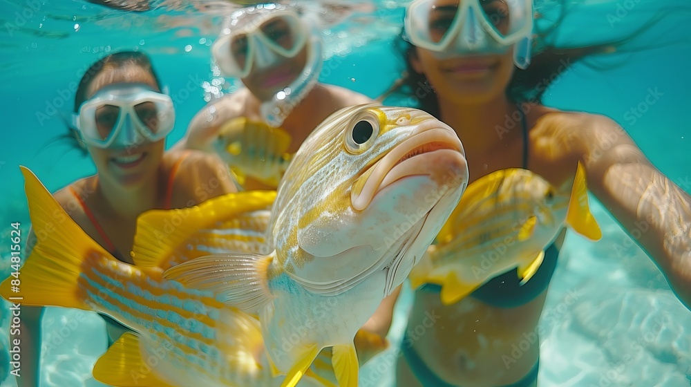 Wall mural Underwater schools of bright tropical fish in clear turquoise water. Fish with black and yellow stripes swim among corals and algae.