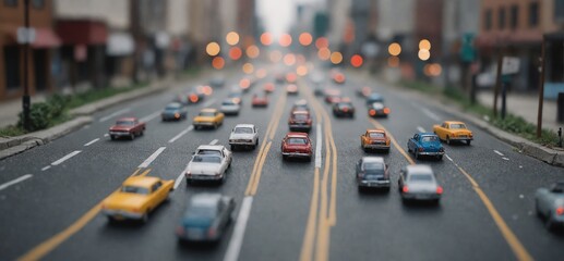 Toy cars cruising down city street with buildings and automotive lighting