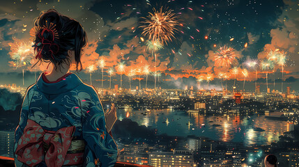 花火大会を楽しむ浴衣姿の女性
Woman in yukata enjoying a fireworks display
