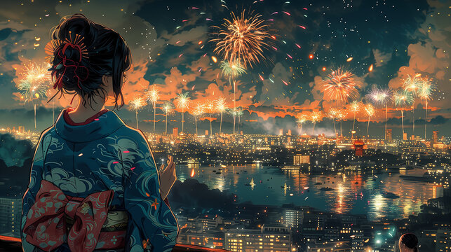 花火大会を楽しむ浴衣姿の女性
Woman in yukata enjoying a fireworks display