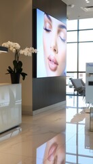 Modern Clinic Lobby with Digital RF Lifting Advertisement for Client Engagement and Information