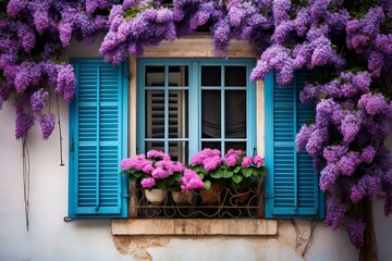 Quaint window with bright blue shutters surrounded by blooming purple wisteria and vibrant pink potted flowers