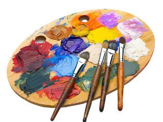 Wooden Artist Palette with Vibrant Paint Colors and Brushes