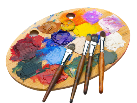 Wooden Artist Palette with Vibrant Paint Colors and Brushes