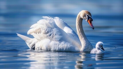 Fototapeta premium Swan swimming with baby