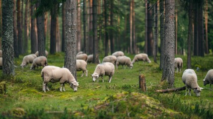 Obraz premium Sheep Grazing Near Forest