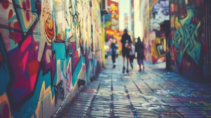 A close-up photo of a vibrant graffiti alley in an urban setting, showing colorful street art and people walking in the distance