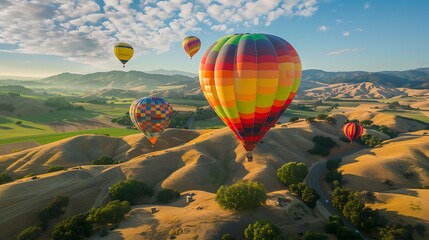 Fototapeta premium Vibrant Multicolored Hot Air Balloon Soaring Against a Clear Blue Sky