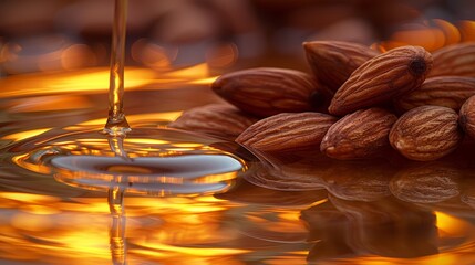 Almond oil splash and almonds on white background for natural skincare and beauty concept