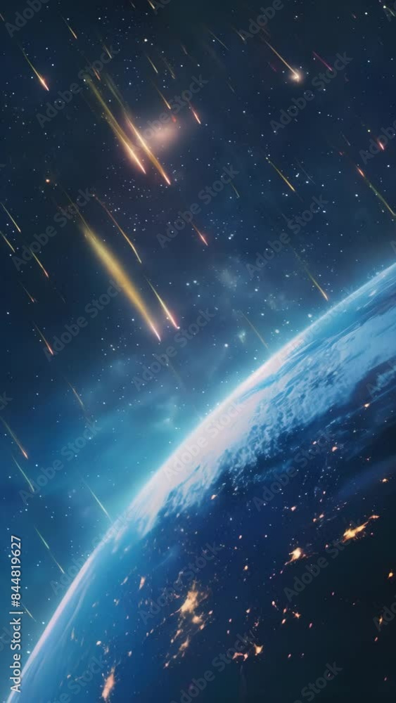 Poster earth viewed from space during a meteor shower. high-resolution space photography. astronomy and cos