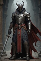 Fototapeta premium A knight in armor with horns holding a dagger, portrayed in a sculpture