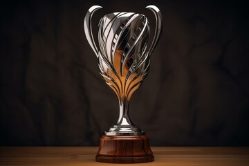 Sleek silver trophy with intricate designs displayed prominently on a warm wooden surface