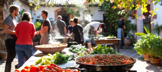 Vibrant Mediterranean Outdoor Cooking Class in Sunny Courtyard with Fresh Local Ingredients