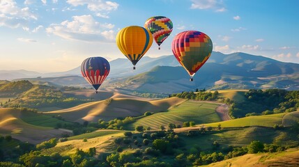 Vibrant Multicolored Hot Air Balloon Soaring Against a Clear Blue Sky