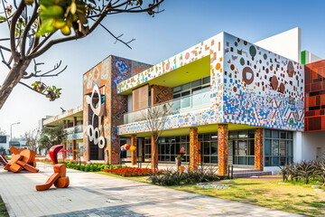 A school building with a colorful, mosaic-tiled facade and modern art sculptures in the front yard