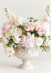 Beautiful bouquet of white and pink flowers in a vintage ceramic vase.