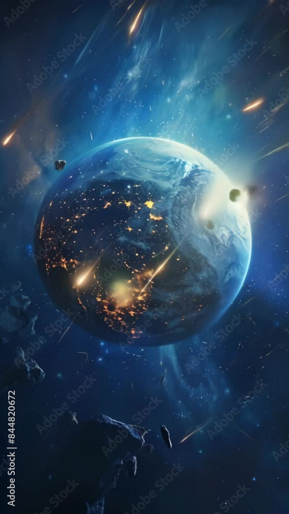 Poster Planet Earth surrounded by asteroids and meteors in outer space. High-resolution space photography. Astronomy and cosmic event concept. 