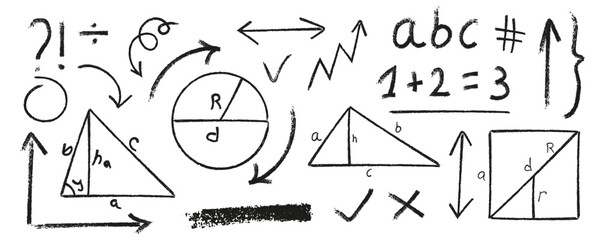 Set of vector scribbles with the texture of wax crayon. Charcoal hand drawn doodle design elements. Chalk arrow, underline, geometric figures.
