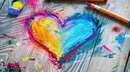Fototapeta premium Colorful heart shape created with hand drawn oil pastels on a sheet of drawing paper