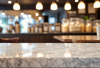 Empty table marble countertop with bright restaurant or coffee shop background