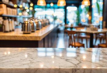 Empty table marble countertop with bright restaurant or coffee shop background