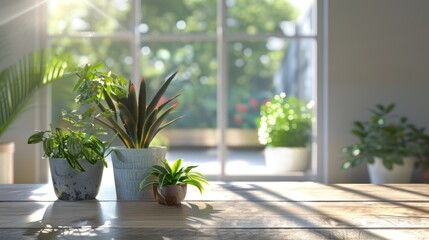 Fototapeta premium table with some houseplants nearby, adding a touch of green generative ai