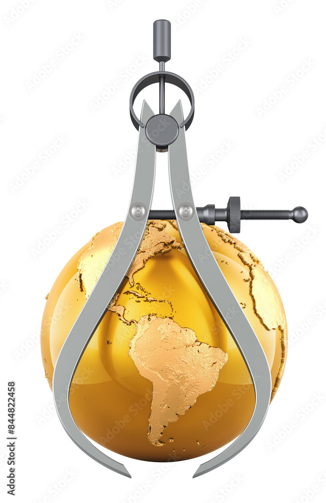 Poster outside caliper with golden earth globe, 3d rendering isolated on transparent background