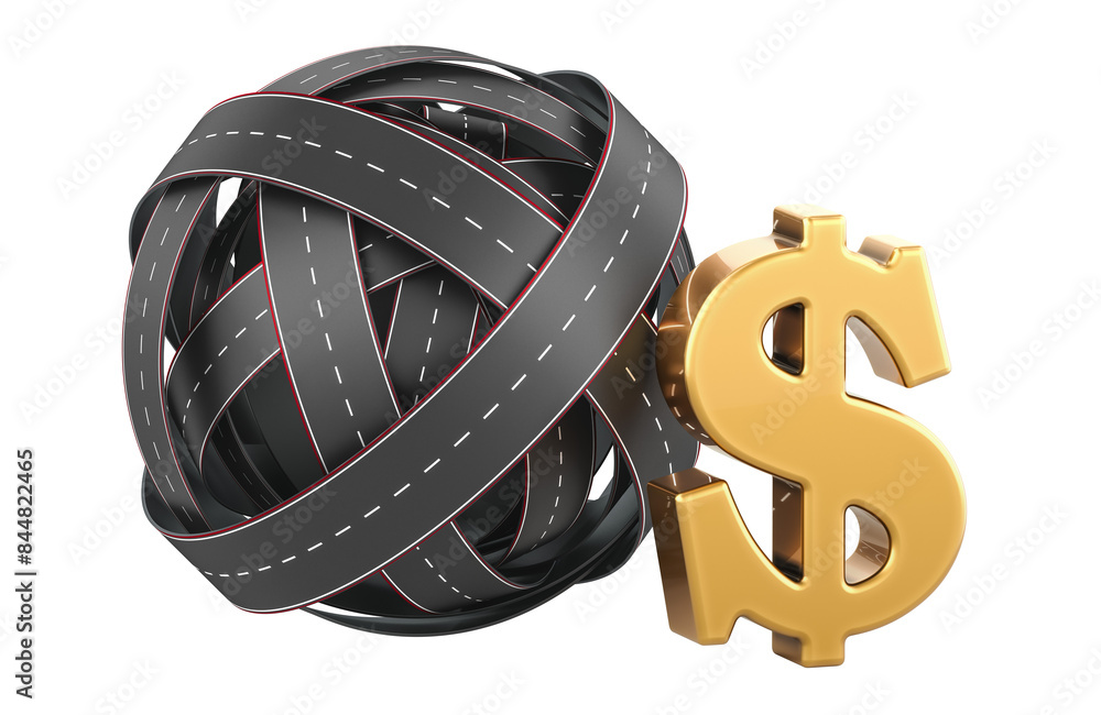 Poster roads knot with dollar sign. toll road, concept. 3d rendering isolated on transparent background
