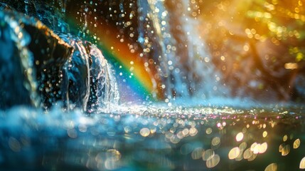 Close-up view of a cascading waterfall hidden within a secluded woodland, with sunlight creating a rainbow and water droplets glistening in the air - Powered by Adobe