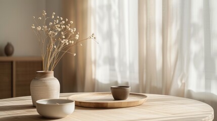 table with a couple of minimal decorative accessories in the background generative ai