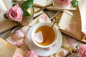 A cup of aromatic tea, a book and a rose on the table.
