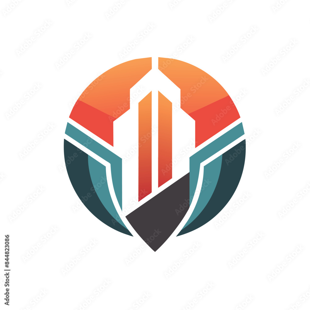 Poster a stylized, abstract logo design featuring a city building within a circle, using a red, orange, tea
