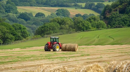 Obraz premium Machinery Baling Hay in Fields