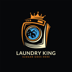 Laundry king logo design. Premium laundry wash machine and king crown combination symbol concept.