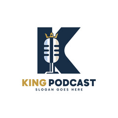 Abstract initial letter k with crown combine with podcast microphone logo design.