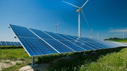 Renewable Energy Wideangle photo of a solar panel or wind turbine installation in a rural or urban area
