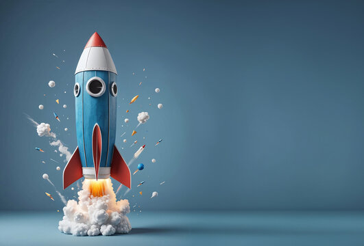 Lancement d'une fus&eacute;e isol&eacute; sur fond bleu, espace vide pour du texte, concept de cr&eacute;ativit&eacute;