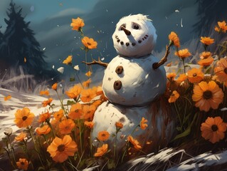 Obraz premium Melting Snowman's Transformation: A Cartoon Character in a Field of Flowers Illustration