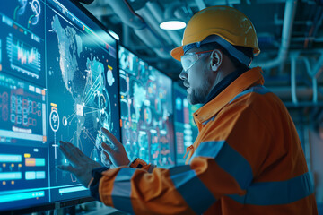 oil platform engineer operating a dashboard with data