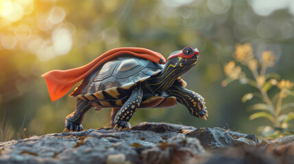 A brave tortoise in superhero gear, with a small cape and mask, standing on a rock with a look of determination, ready to embark on a slow but steady mission