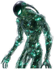 green alien with glowing eyes and a glowing body