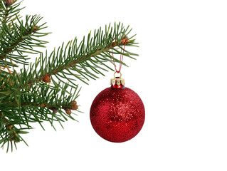 Obraz premium Red Christmas Ornament Hanging from Pine Branch