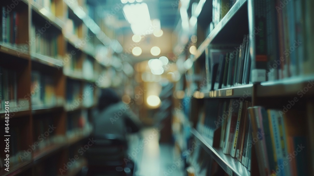 Poster a defocused view of a library with bookshelves stretching up to the ceiling and stacks of books crea