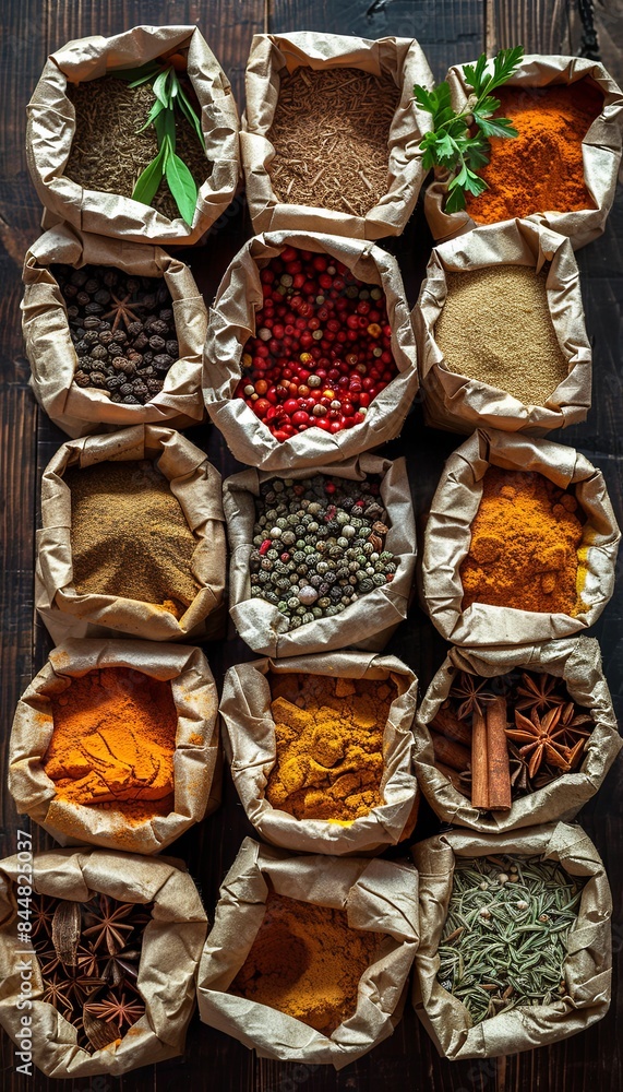Poster a variety of dry spices arranged in open paper bags on a wooden surface. the spices include turmeric