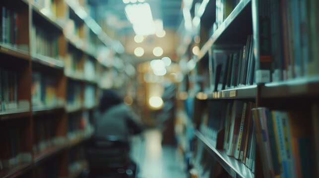 A defocused view of a library with bookshelves stretching up to the ceiling and stacks of books creating a hazy abstract composition. In the foreground a person leans against a book .