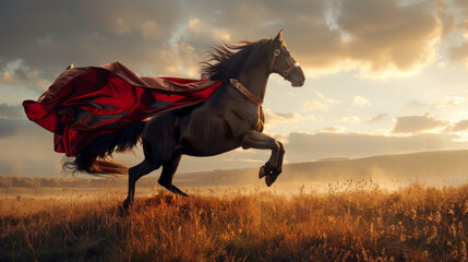 A gallant horse in superhero attire, with a flowing cape, rearing up on its hind legs in a dramatic pose in an open field