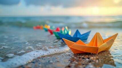 Colorful origami boats line the beach with serene sea views