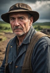 Obraz premium A man in a hat and jacket stands in field with cows under cloudy sky